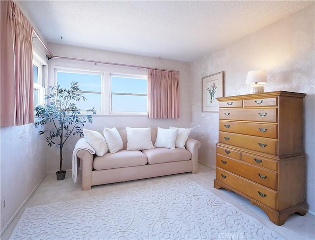 living room featuring light colored carpet and a textured ceiling