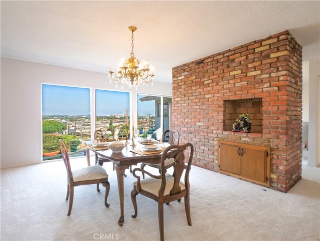dining space with a textured ceiling, a notable chandelier, and light carpet