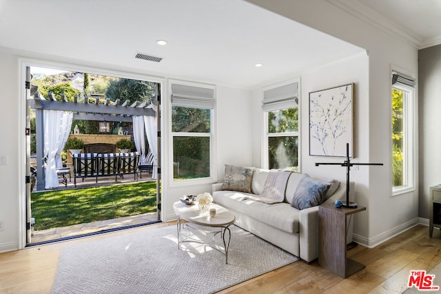 living room featuring crown molding and light hardwood / wood-style floors