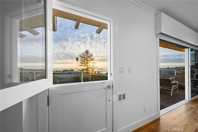 doorway to outside with wood-type flooring