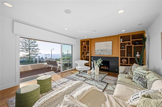 living room featuring built in shelves and hardwood / wood-style floors