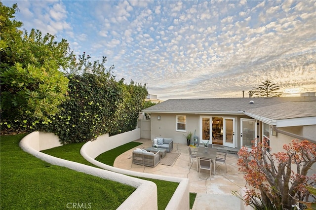 331 Ledroit St, Laguna Beach, CA 92651 - back of property featuring a yard, an outdoor living space, fence, a patio, and stucco siding