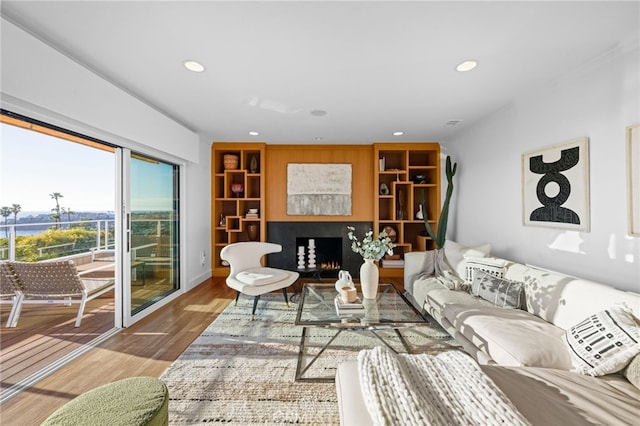 331 Ledroit St, Laguna Beach, CA 92651 - living area with wood finished floors, built in shelves, a warm lit fireplace, and recessed lighting