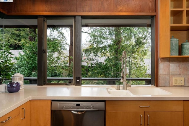 kitchen featuring dishwasher, a healthy amount of sunlight, sink, and decorative backsplash