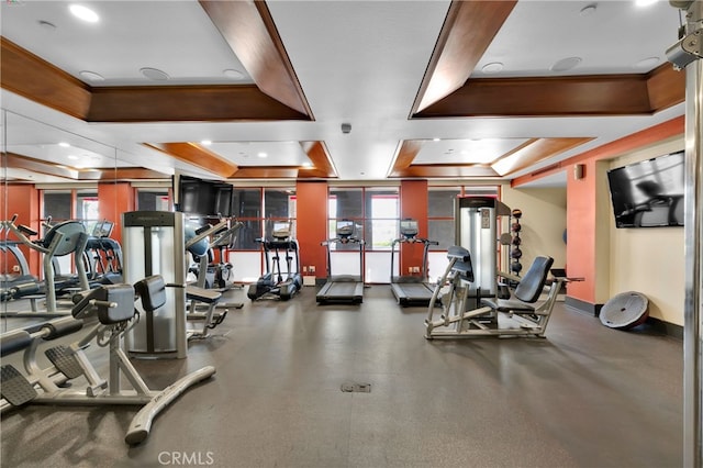 gym with a wealth of natural light and a tray ceiling