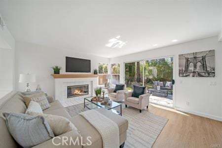 living room with a tile fireplace and light wood-type flooring