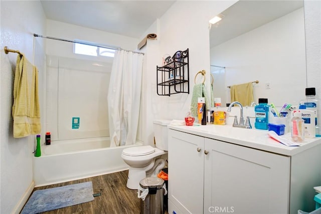 full bathroom with shower / tub combo, hardwood / wood-style floors, vanity, and toilet