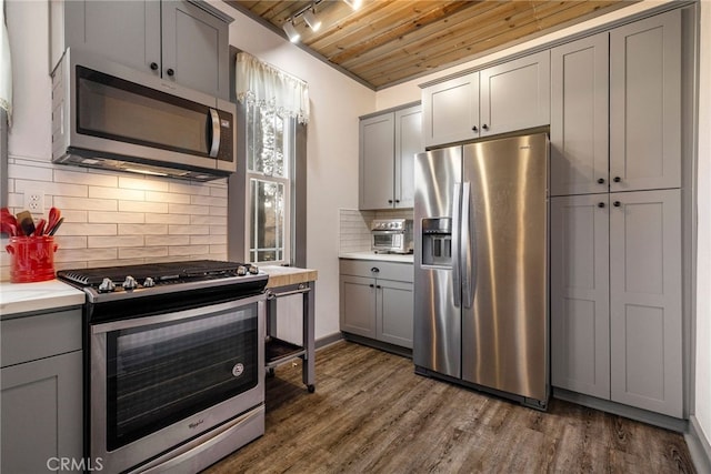 kitchen with stainless steel appliances, dark wood-type flooring, gray cabinetry, and wooden ceiling