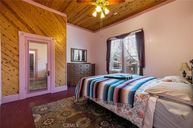 bedroom featuring crown molding, ceiling fan, dark hardwood / wood-style floors, wooden ceiling, and wood walls