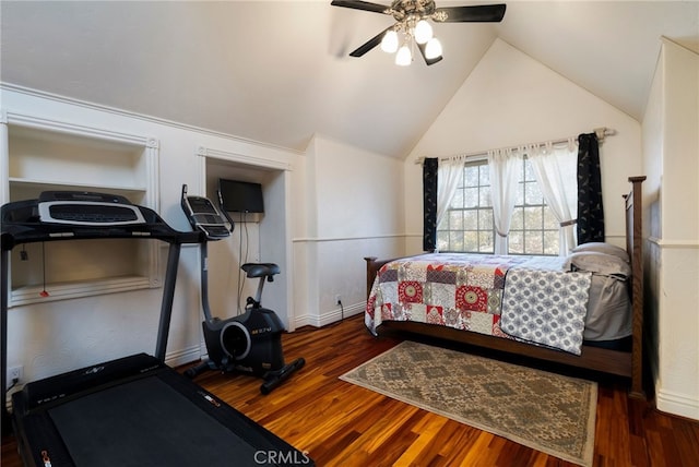 bedroom featuring ceiling fan, lofted ceiling, and dark hardwood / wood-style floors