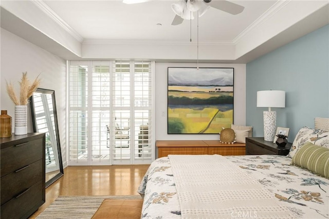 bedroom featuring crown molding, access to outside, ceiling fan, and light hardwood / wood-style floors