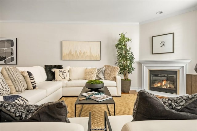 living room with crown molding