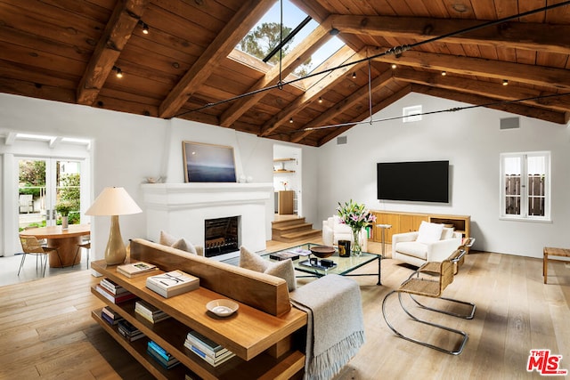 living room featuring wood ceiling, lofted ceiling with skylight, and light hardwood / wood-style flooring