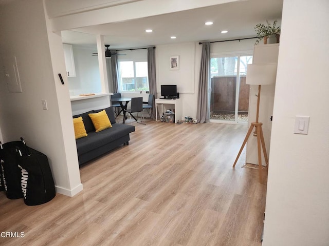 living room with a healthy amount of sunlight and light hardwood / wood-style floors