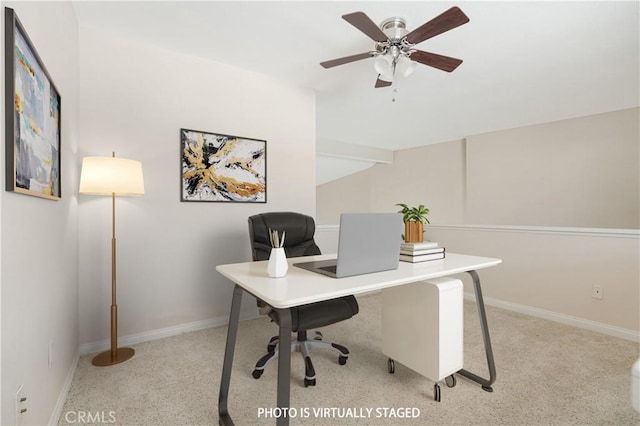 office area with light carpet and ceiling fan