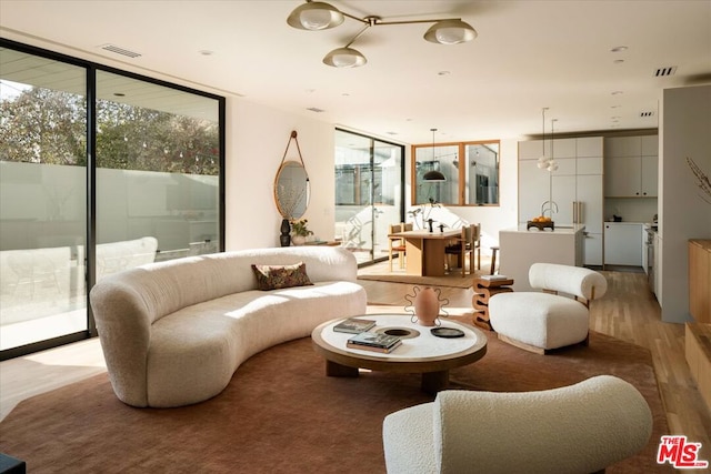 living room with expansive windows and light hardwood / wood-style floors