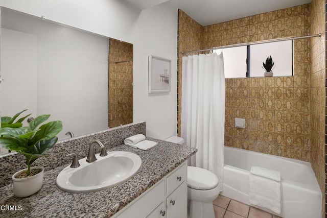 full bathroom featuring shower / tub combo with curtain, vanity, tile patterned floors, and toilet