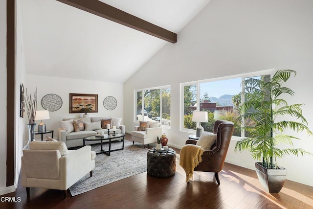 living room with hardwood / wood-style flooring, high vaulted ceiling, and beamed ceiling