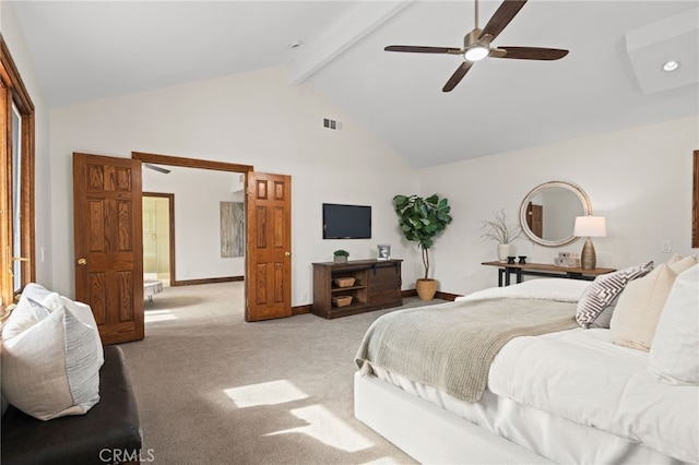 bedroom with ceiling fan, high vaulted ceiling, light colored carpet, and beam ceiling