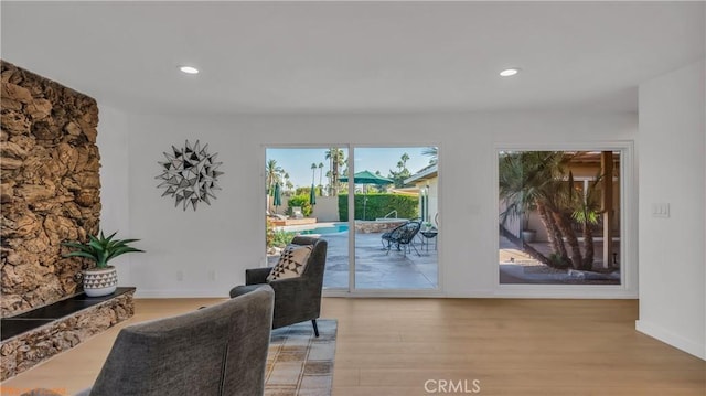 living area with light hardwood / wood-style flooring