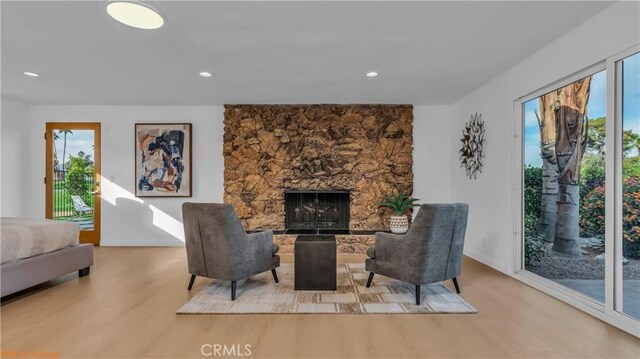 living area featuring a stone fireplace and light wood-type flooring