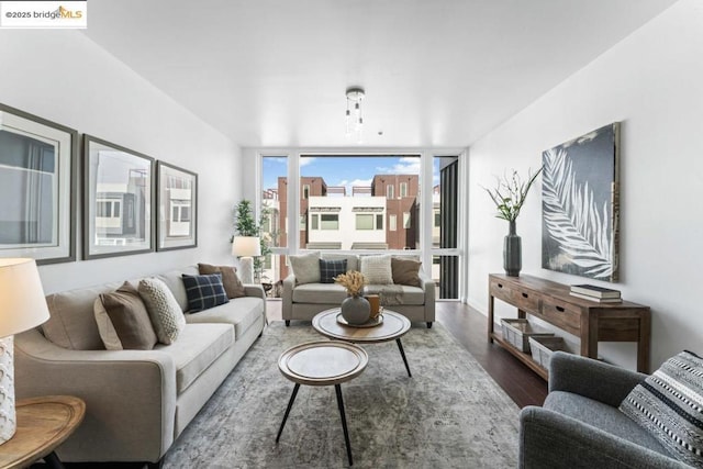 living room featuring expansive windows and dark hardwood / wood-style flooring