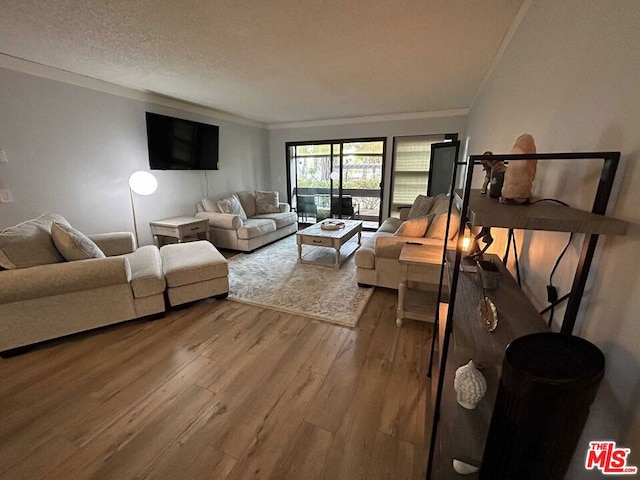 living room with hardwood / wood-style floors, crown molding, and a textured ceiling