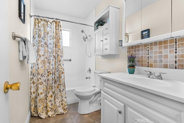 full bathroom with vanity, toilet, shower / bath combo with shower curtain, and backsplash