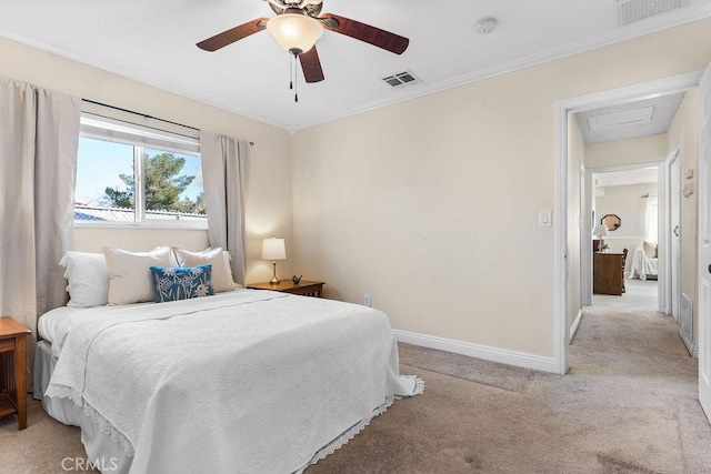 bedroom featuring light carpet, crown molding, and ceiling fan