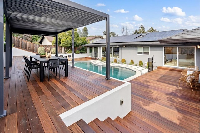 view of swimming pool featuring a patio and a deck