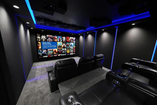 carpeted cinema featuring a raised ceiling