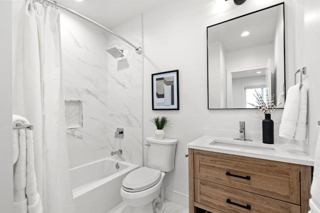 full bathroom featuring vanity, shower / tub combo, and toilet