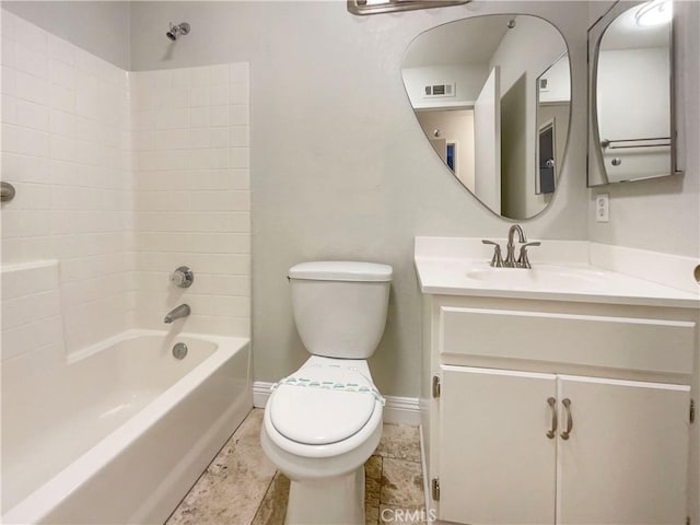 full bathroom with shower / washtub combination, vanity, tile patterned floors, and toilet