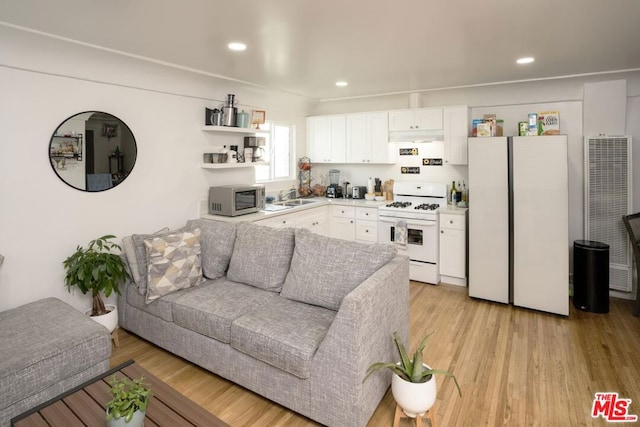 living room with light hardwood / wood-style floors and sink