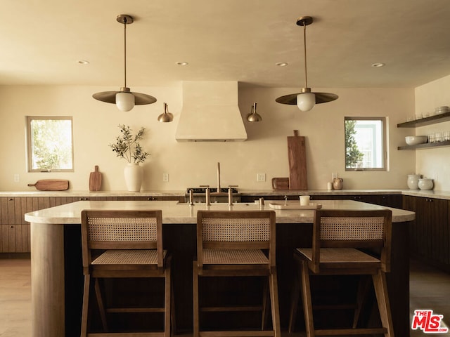 kitchen featuring dark brown cabinets, custom range hood, light hardwood / wood-style floors, and a breakfast bar