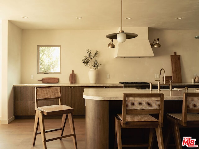 bar featuring premium range hood, dark brown cabinets, sink, and light wood-type flooring