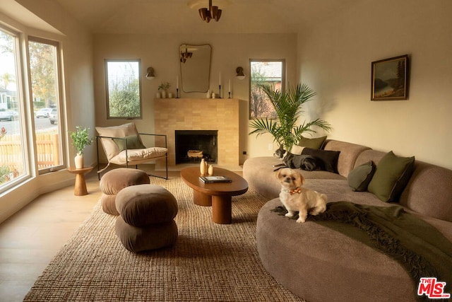 sitting room with a tiled fireplace