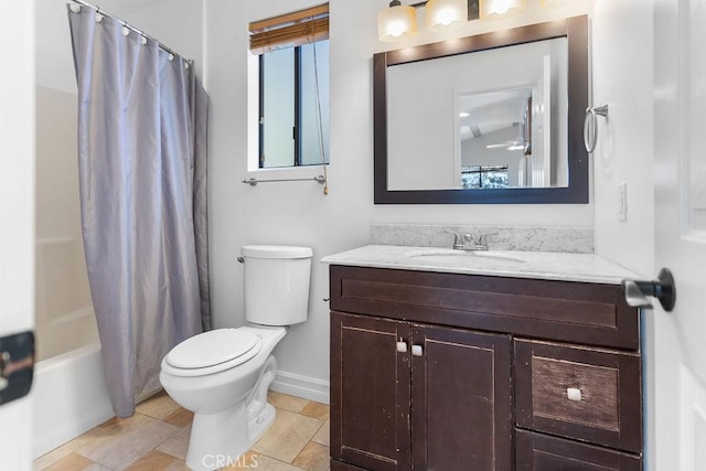 full bathroom featuring tile patterned floors, toilet, shower / tub combo, vanity, and ceiling fan