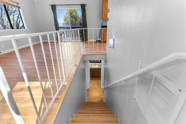 stairs with hardwood / wood-style flooring