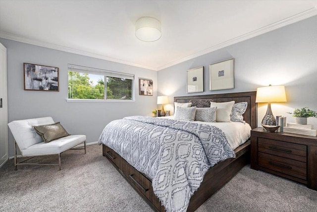 bedroom featuring ornamental molding and light colored carpet