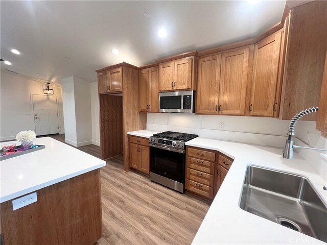 kitchen with sink, light wood-type flooring, and appliances with stainless steel finishes