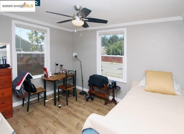 bedroom with crown molding, multiple windows, and light wood-type flooring