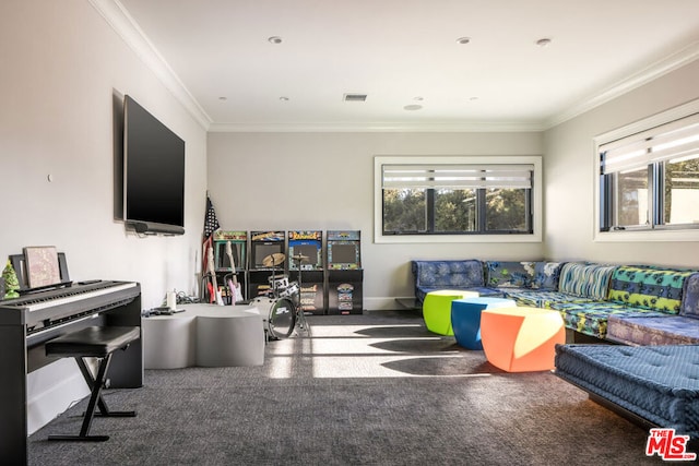 living room featuring ornamental molding and carpet