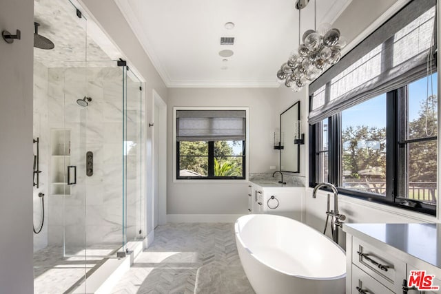 bathroom featuring independent shower and bath, vanity, and crown molding