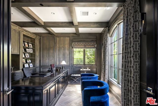 office with light parquet flooring, coffered ceiling, beam ceiling, and wood walls