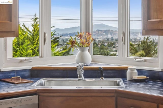 details with dishwasher, a mountain view, sink, and tile counters