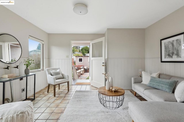 living room featuring light tile patterned floors