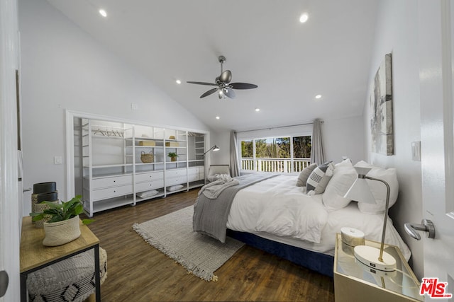 bedroom featuring dark wood-type flooring, high vaulted ceiling, and ceiling fan