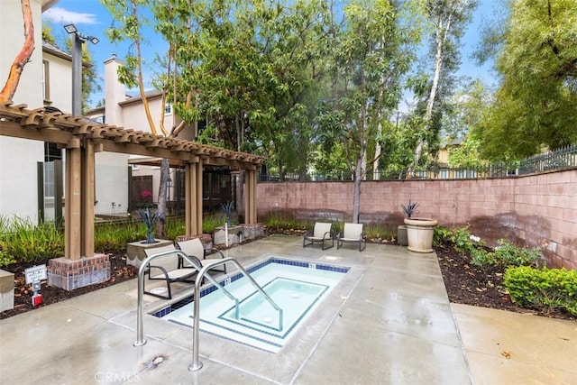 view of swimming pool featuring a pergola, a patio area, and an in ground hot tub