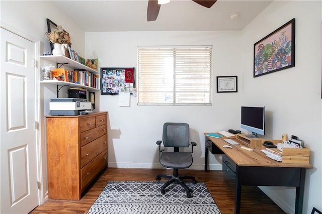 office with dark wood-type flooring and ceiling fan